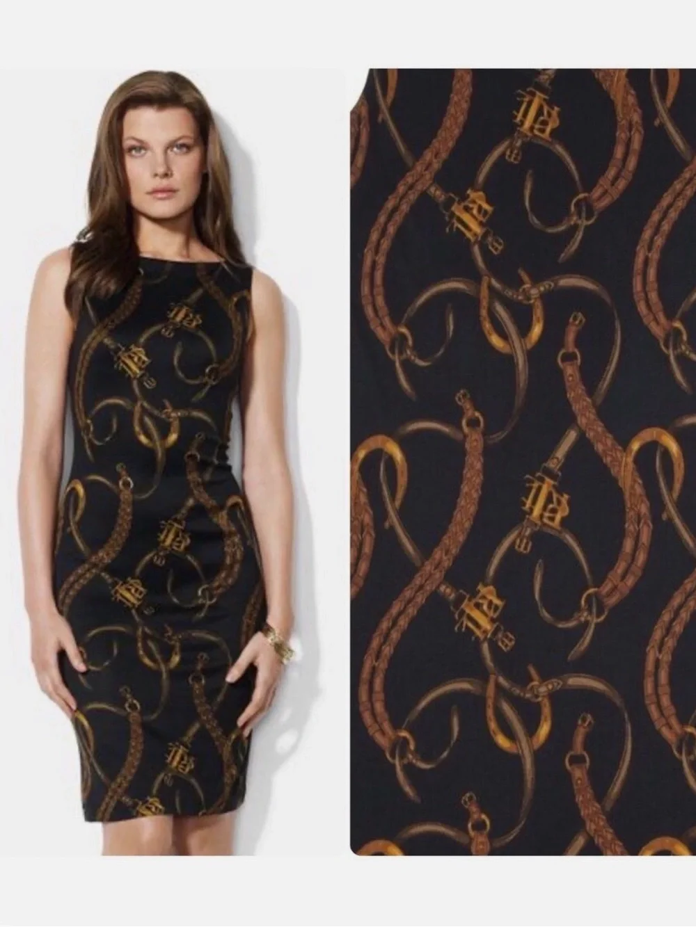Lauren Ralph Lauren Equestrian Print knee-length Dress Black Silk Blend Sheath